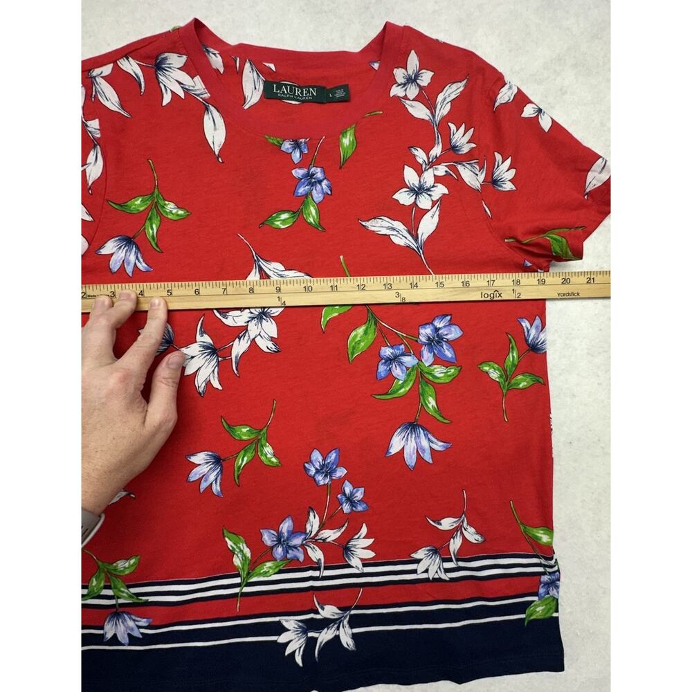 Lauren Ralph Lauren Womens Large Top Shirt Red Blue Floral 100% Cotton - Picture 4 of 6